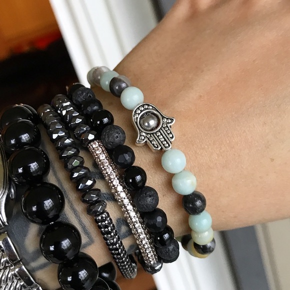 Genuine Amazonite silver hamsa bead boho bracelet - Picture 6 of 9